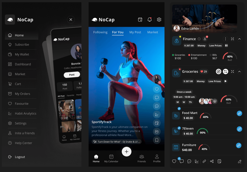 NoCap app showing habit stacks and tracking screens