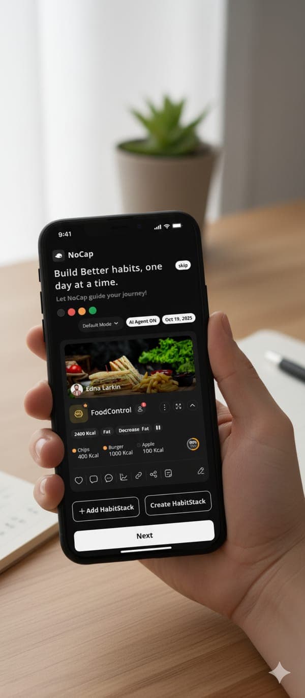 Hand holding phone with NoCaps app open